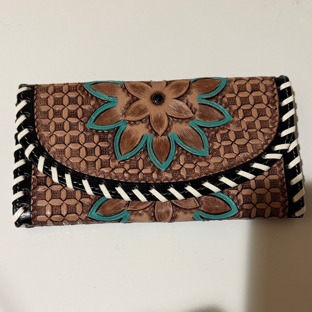 Handcrafted Floral Tooled Brown Leather Wallet with Teal Accents